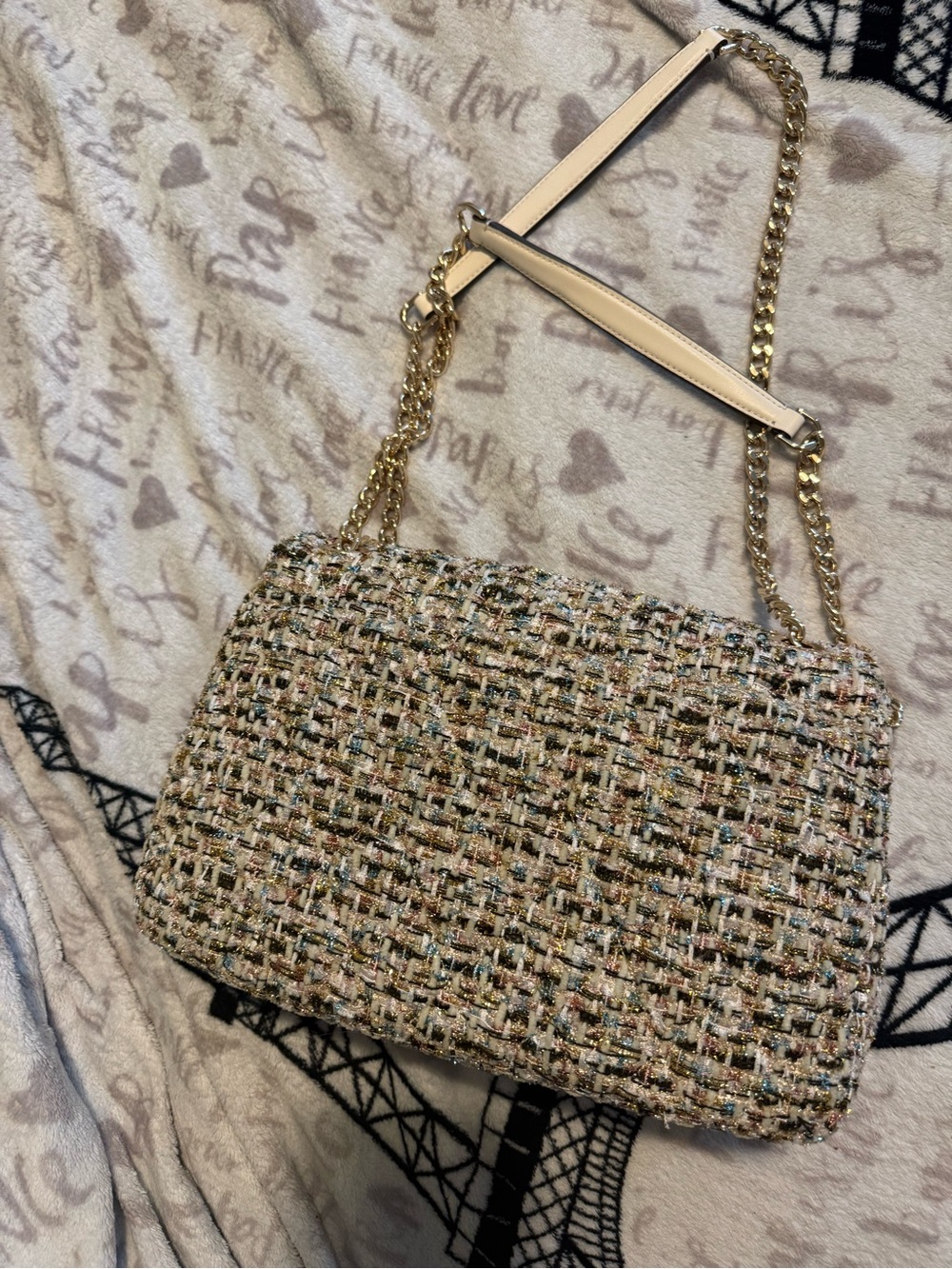 kate spade Cream Multicolor Tweed Shoulder Bag with Gold Chain